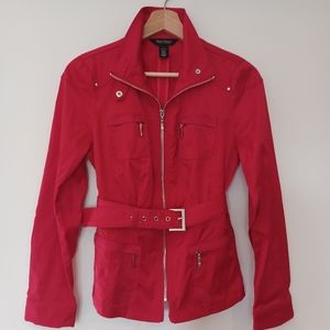 White House Black Market Red Satin Jacket With Silver Detailing and Belt Size 2
